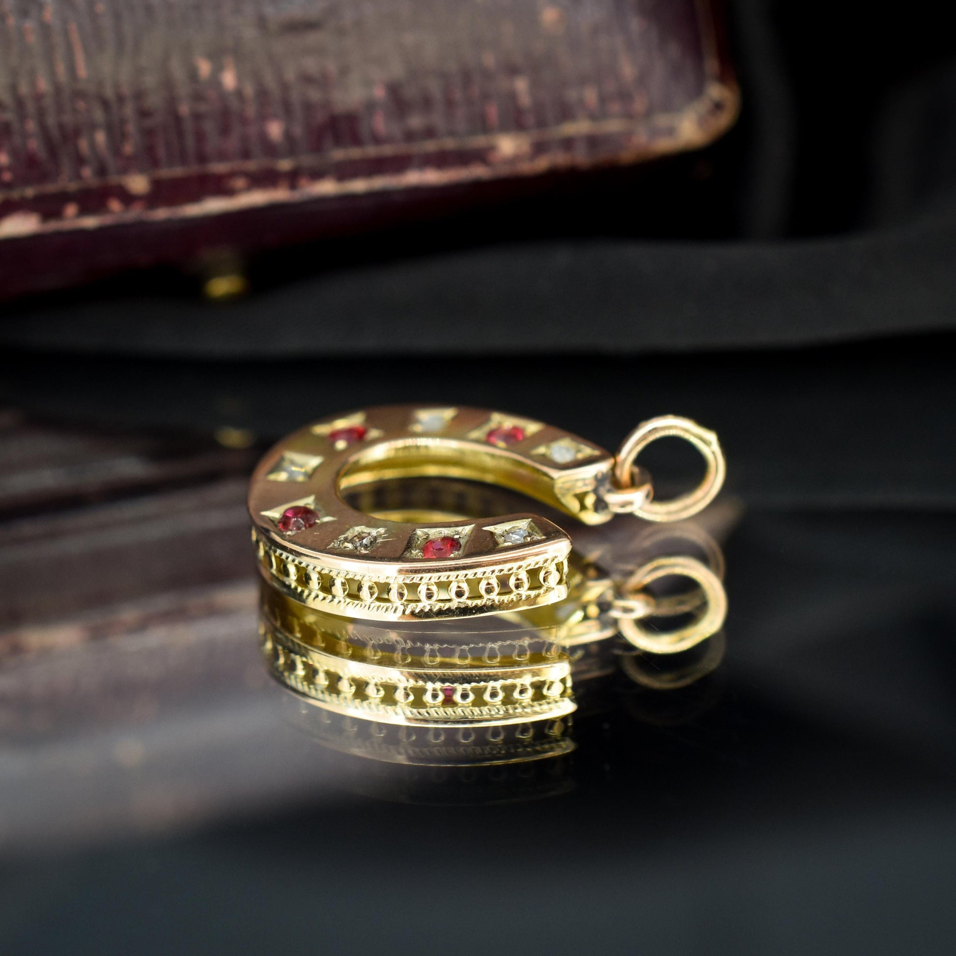 Antique Victorian Garnet and Diamond 9ct Gold Horseshoe Charm