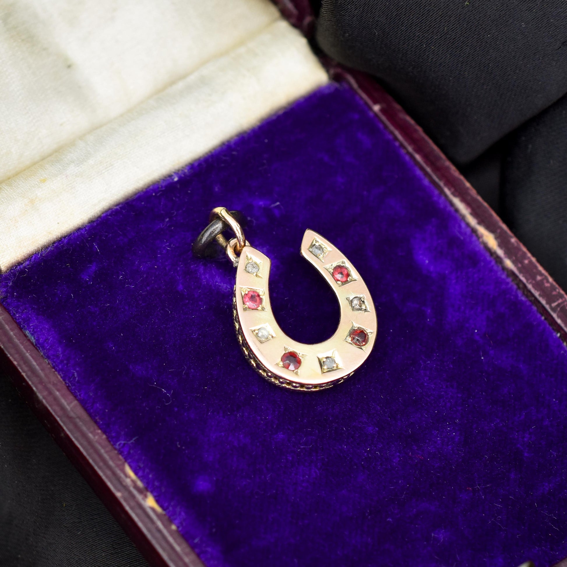 Antique Victorian Garnet and Diamond 9ct Gold Horseshoe Charm