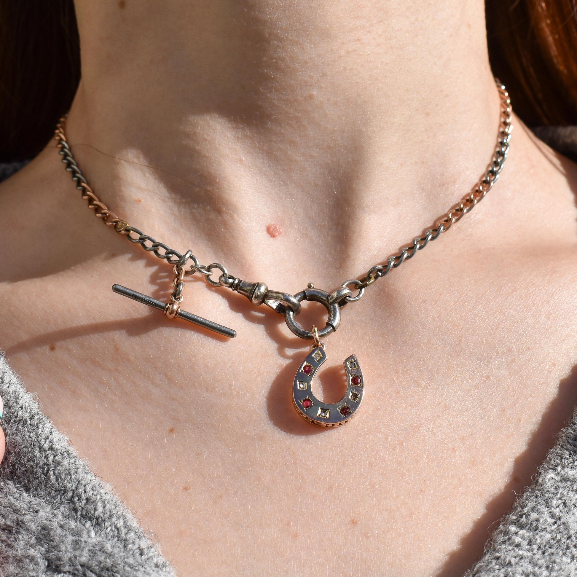 Antique Victorian Garnet and Diamond 9ct Gold Horseshoe Charm