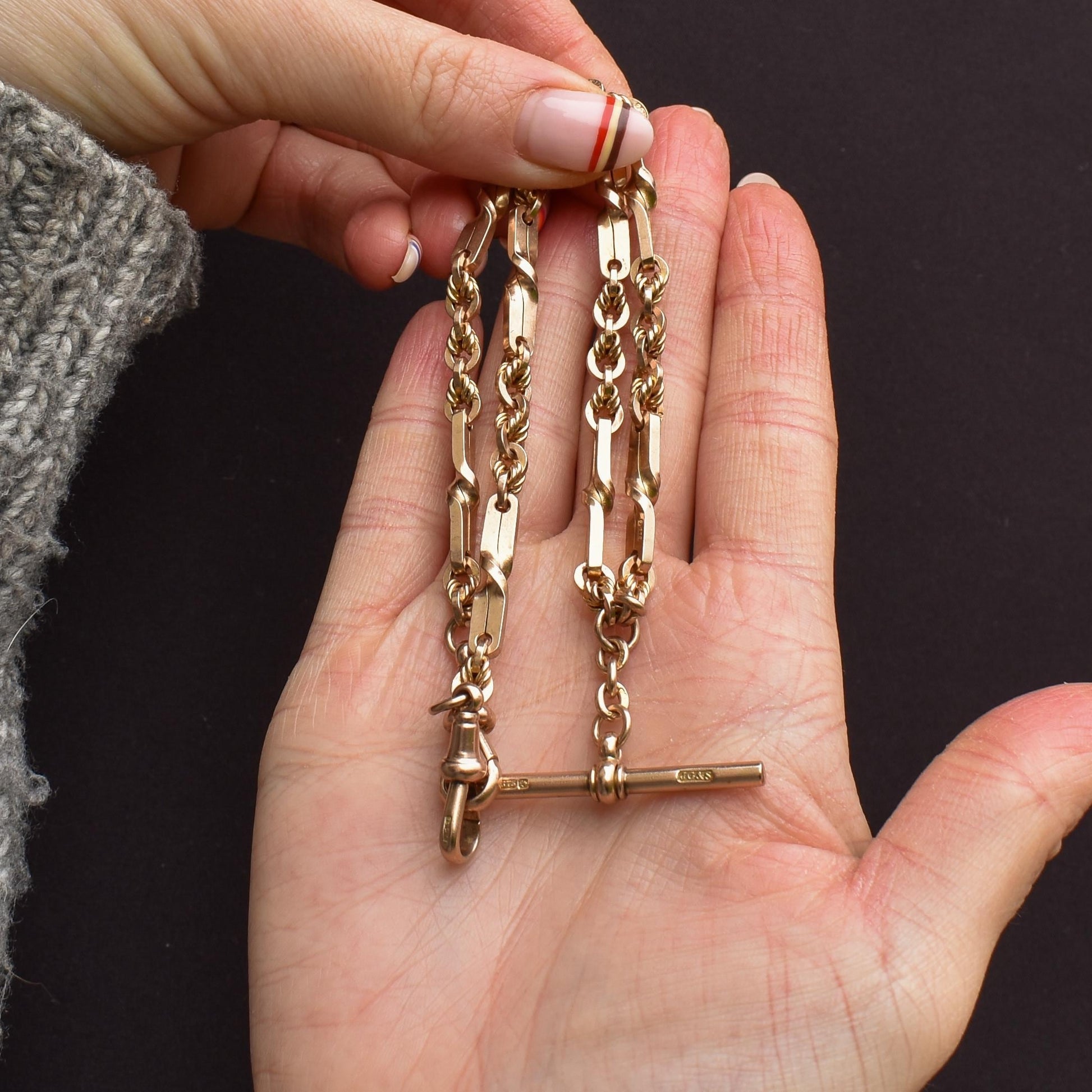 Antique '1921' 9ct Gold Love Knot Link Double Albert Watch Chain Necklace | 15.5"