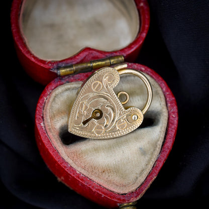 Vintage 9ct Yellow Gold Engraved Heart Padlock Charm Pendant