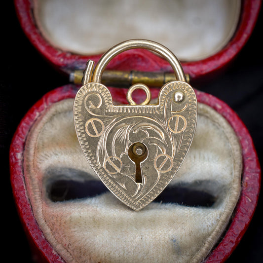 Vintage 9ct Yellow Gold Engraved Heart Padlock Charm Pendant