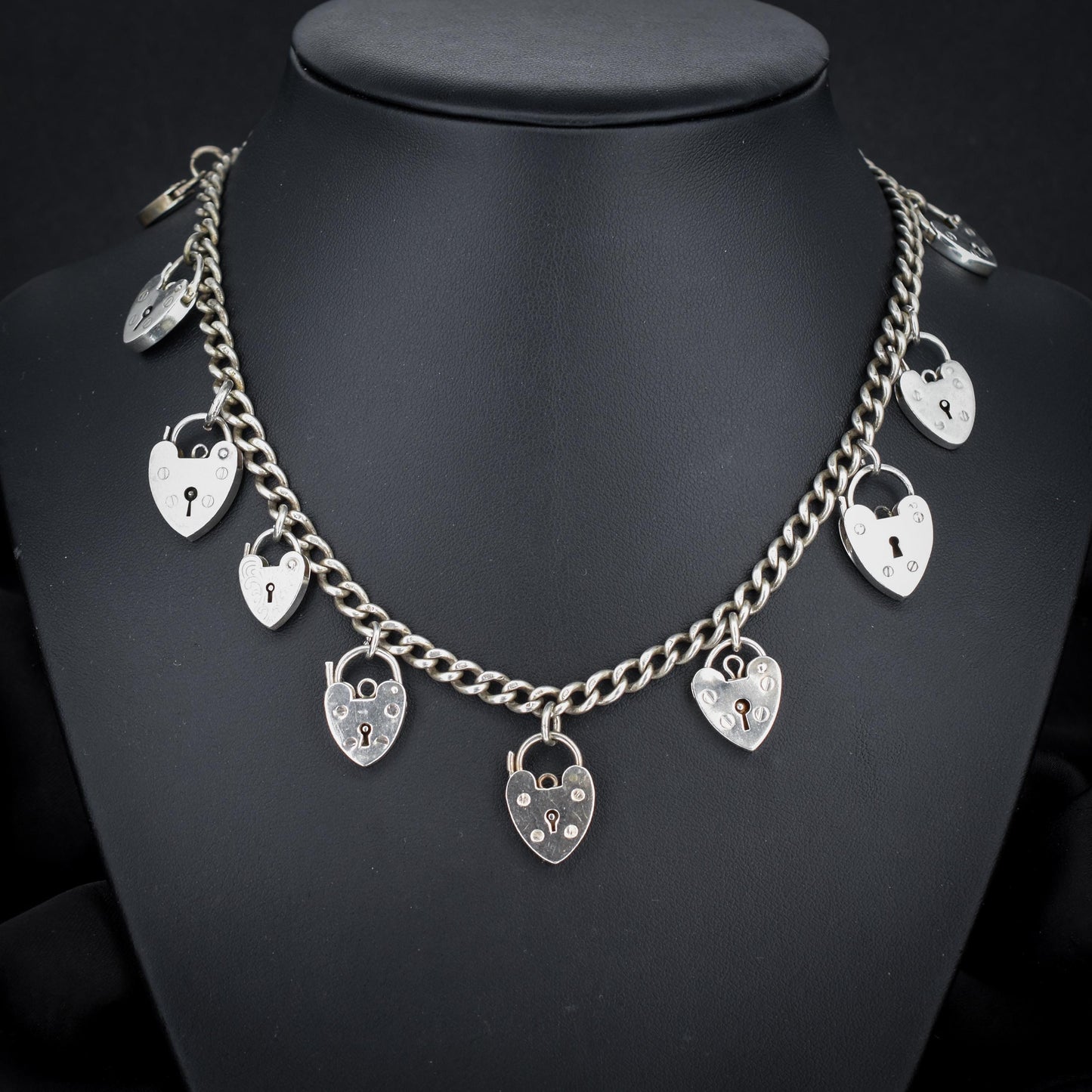 Vintage Heart Padlock Curb Link Sterling Silver Chain Necklace | 15.75"