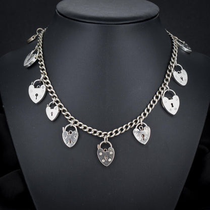 Vintage Heart Padlock Curb Link Sterling Silver Chain Necklace | 15.75"