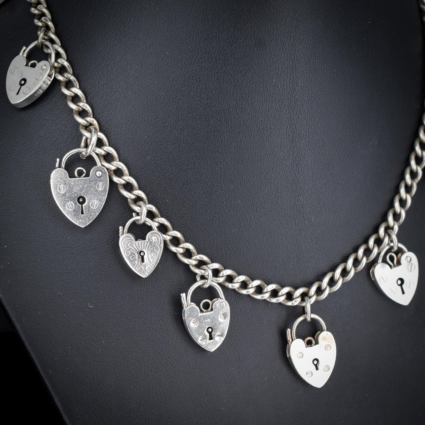 Vintage Heart Padlock Curb Link Sterling Silver Chain Necklace | 15.75"