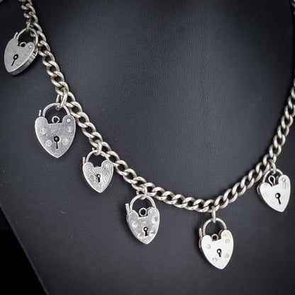Vintage Heart Padlock Curb Link Sterling Silver Chain Necklace | 15.75"