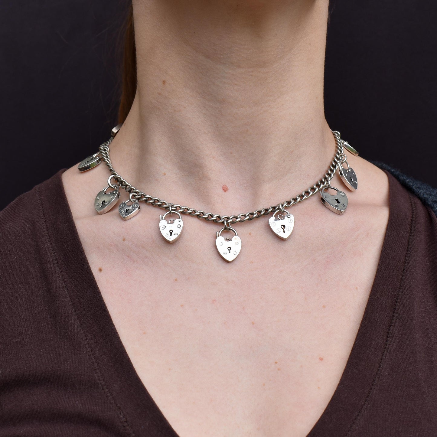 Vintage Heart Padlock Curb Link Sterling Silver Chain Necklace | 15.75"
