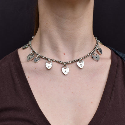 Vintage Heart Padlock Curb Link Sterling Silver Chain Necklace | 15.75"