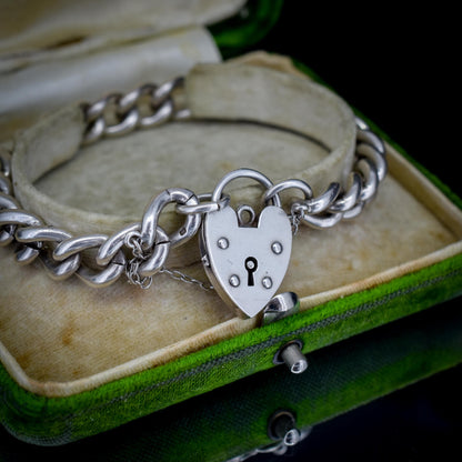 Vintage Heavy Chunky Heart Padlock Sterling Silver Curb Bracelet 7"