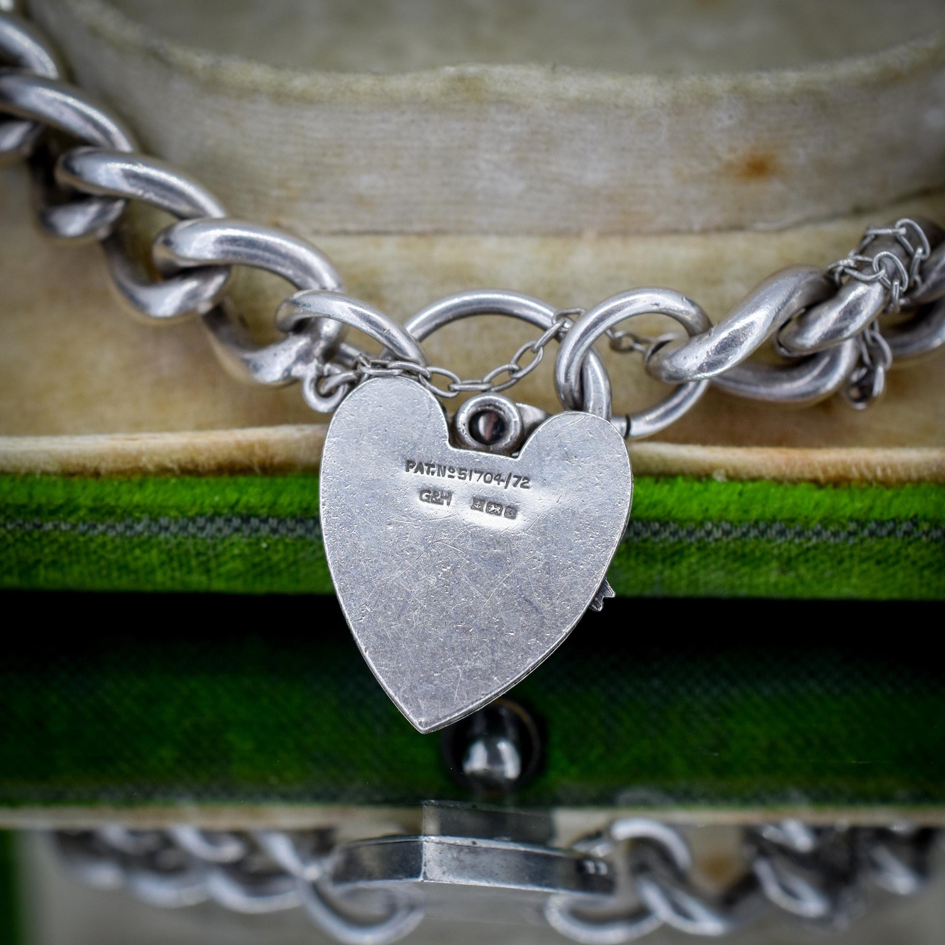 Vintage Heavy Chunky Heart Padlock Sterling Silver Curb Bracelet 7"