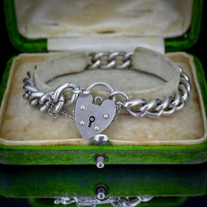 Vintage Heavy Chunky Heart Padlock Sterling Silver Curb Bracelet 7"