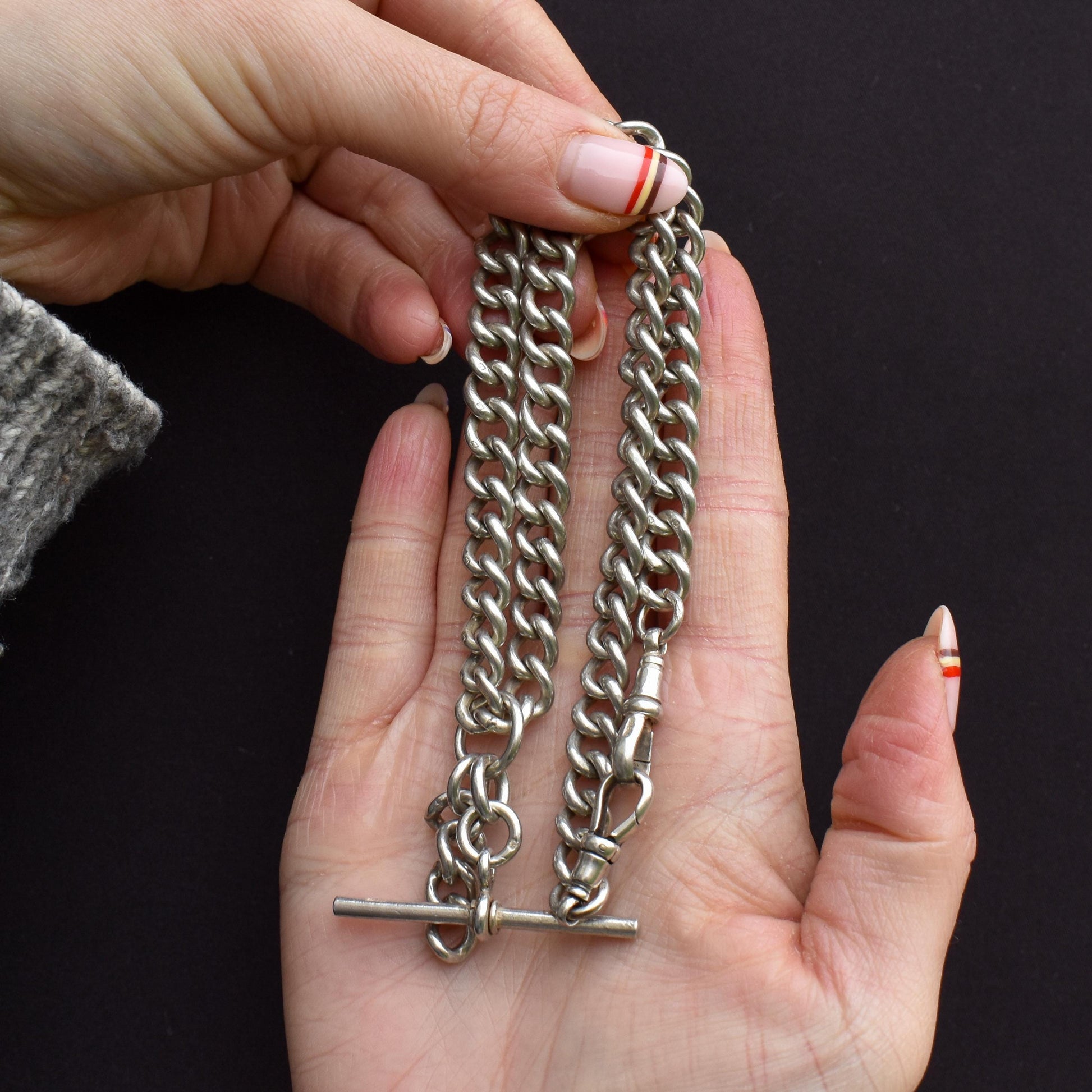 Antique Sterling Silver Curb Link Albert Watch Chain Necklace T-Bar Dog Clips | 16.25"