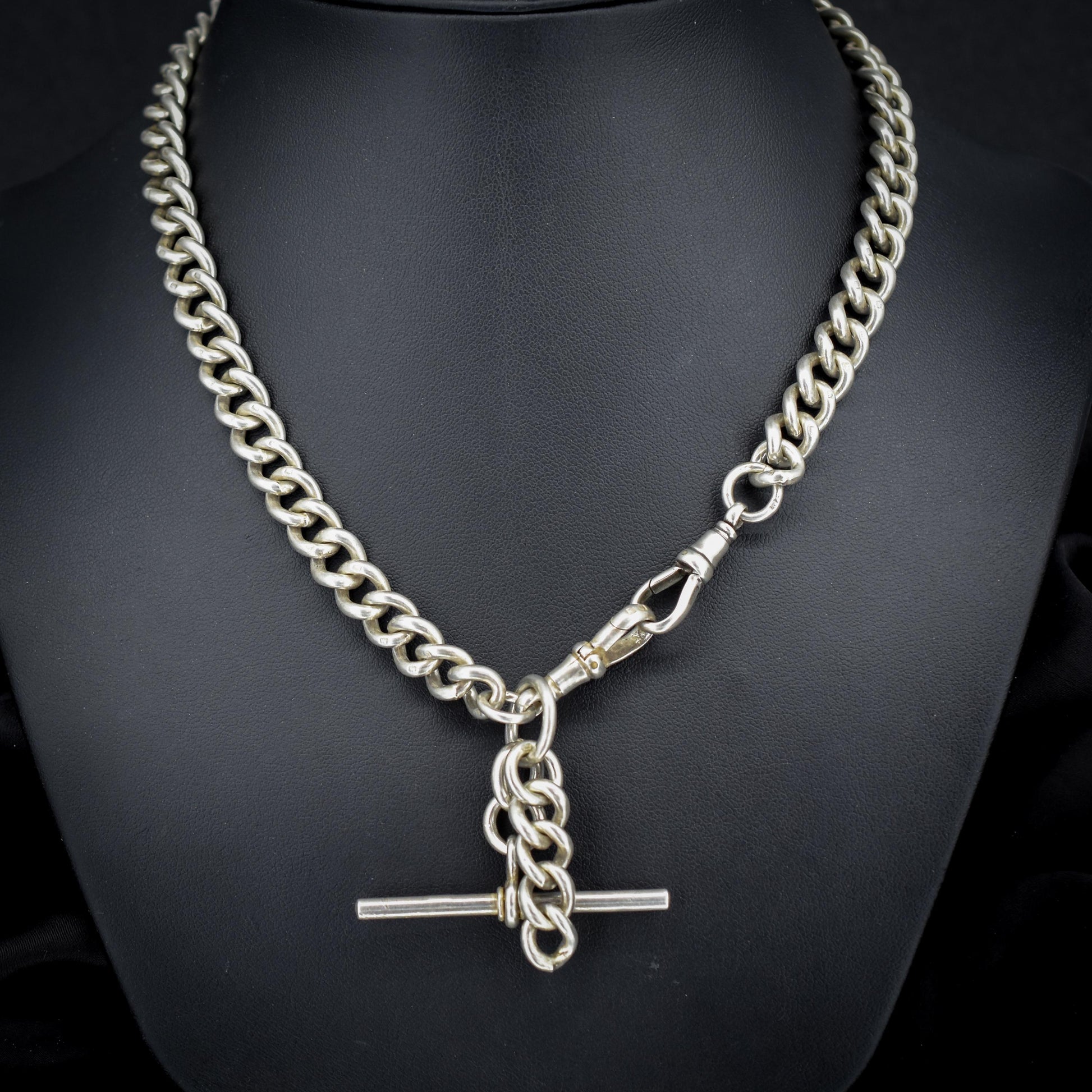 Antique Sterling Silver Curb Link Albert Watch Chain Necklace T-Bar Dog Clips | 16.25"