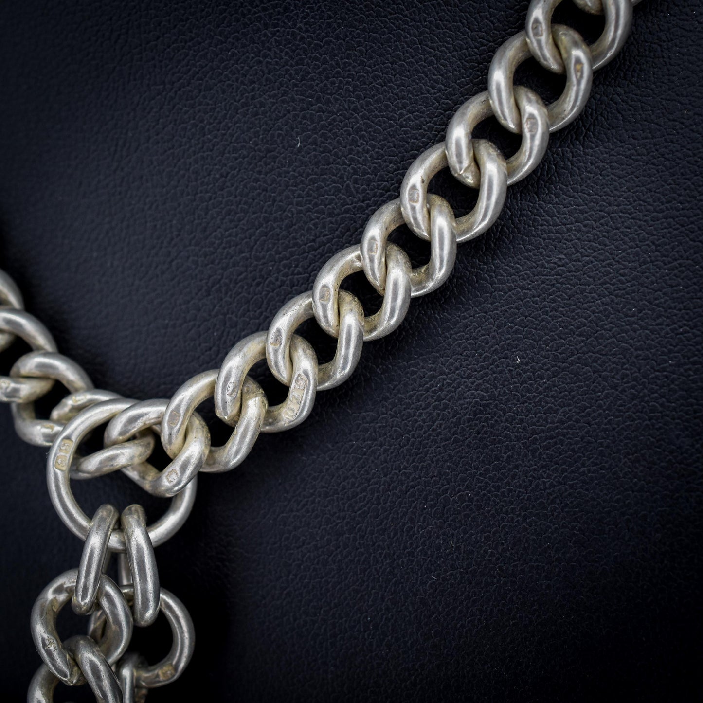 Antique Sterling Silver Curb Link Albert Watch Chain Necklace T-Bar Dog Clips | 16.25"