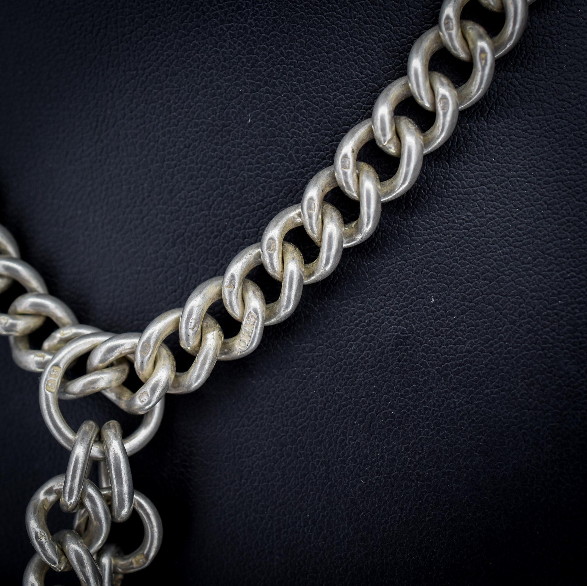 Antique Sterling Silver Curb Link Albert Watch Chain Necklace T-Bar Dog Clips | 16.25"