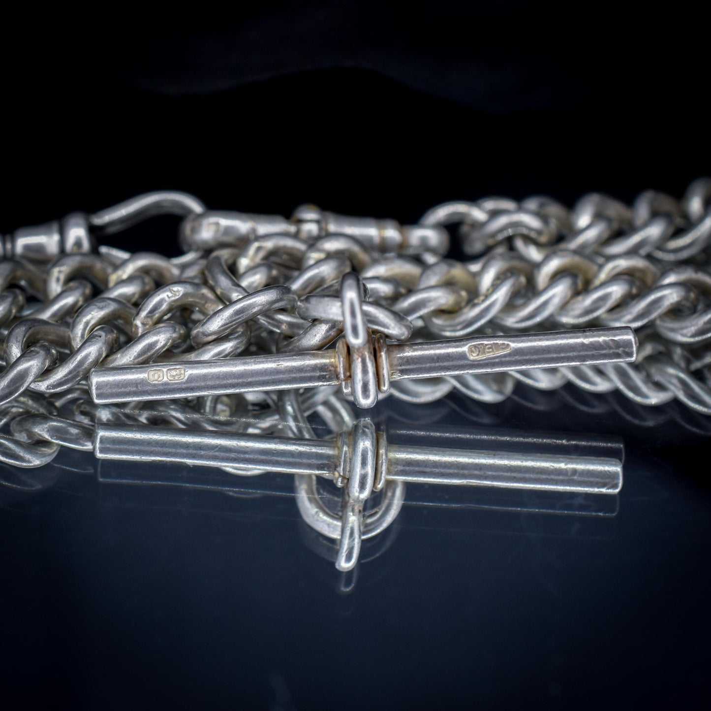 Antique Sterling Silver Curb Link Albert Watch Chain Necklace T-Bar Dog Clips | 16.25"