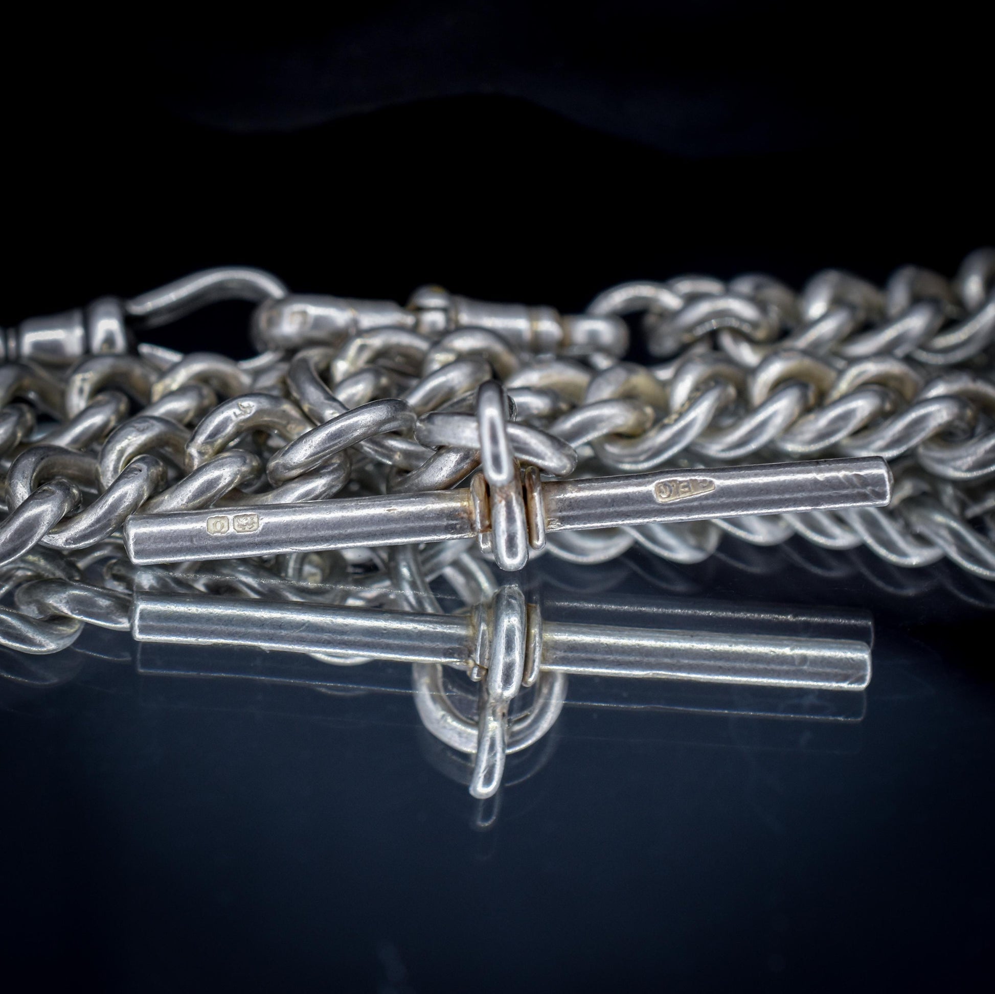 Antique Sterling Silver Curb Link Albert Watch Chain Necklace T-Bar Dog Clips | 16.25"