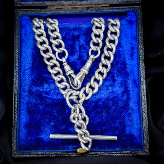 Antique Sterling Silver Curb Link Albert Watch Chain Necklace T-Bar Dog Clips | 16.25"