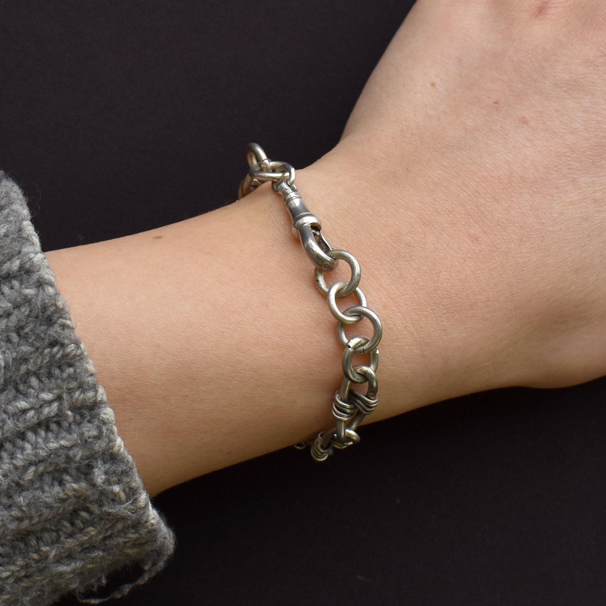 Antique Fancy Link Sterling Silver Bracelet with Dog Clip | 6.75"