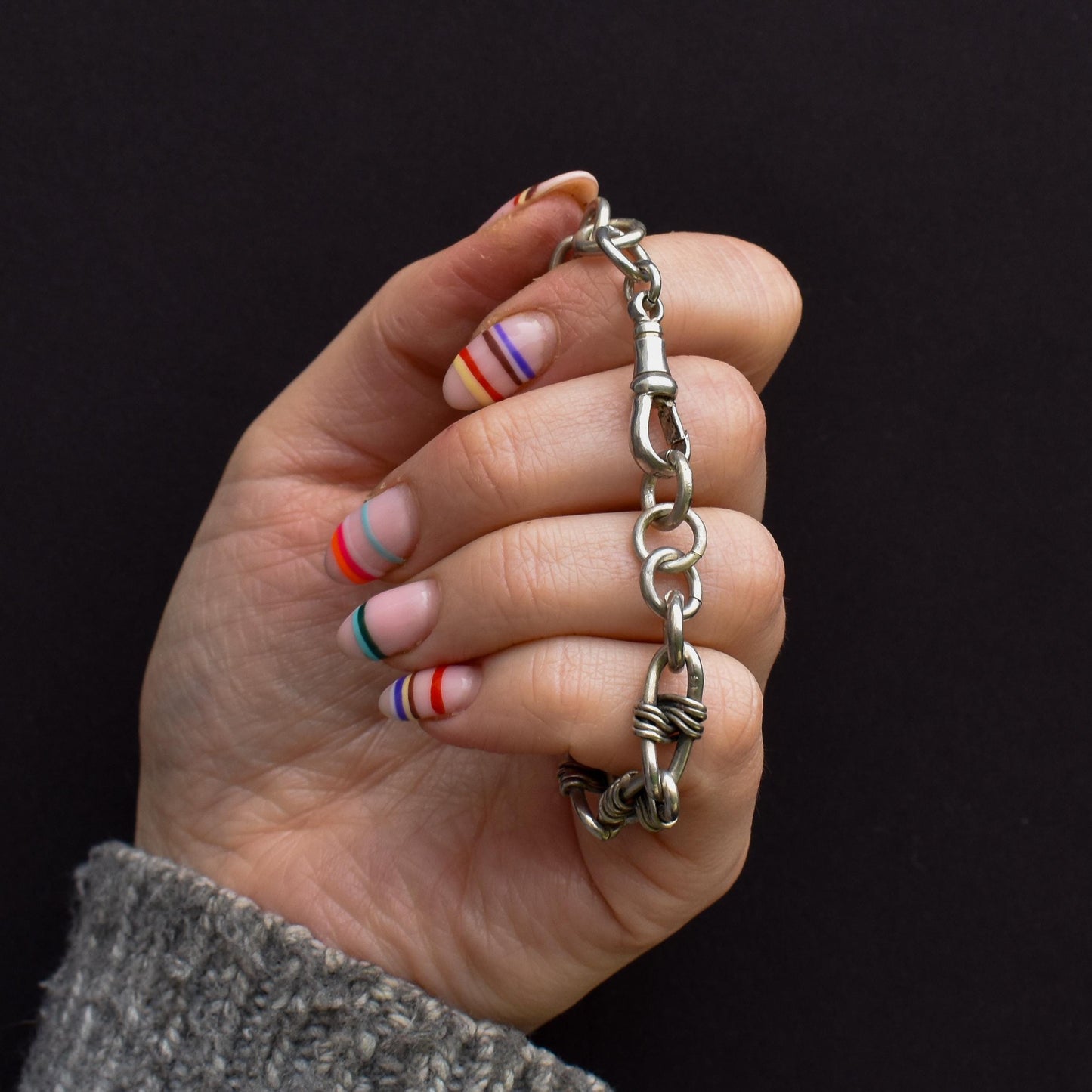 Antique Fancy Link Sterling Silver Bracelet with Dog Clip | 6.75"