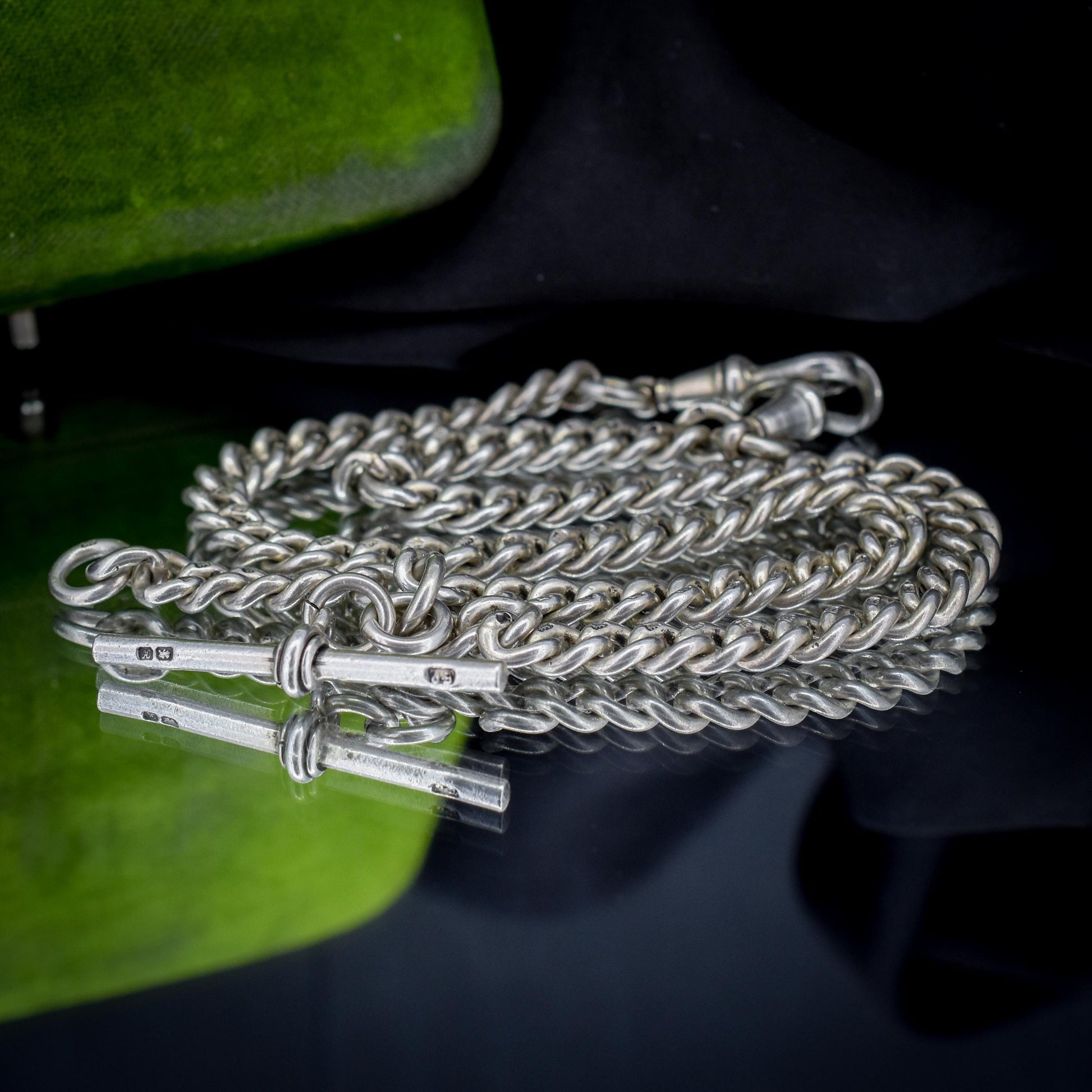 Antique Chester '1910' Sterling Silver Albert Chain Necklace with T-Bar and Dog Clips – 16.25"