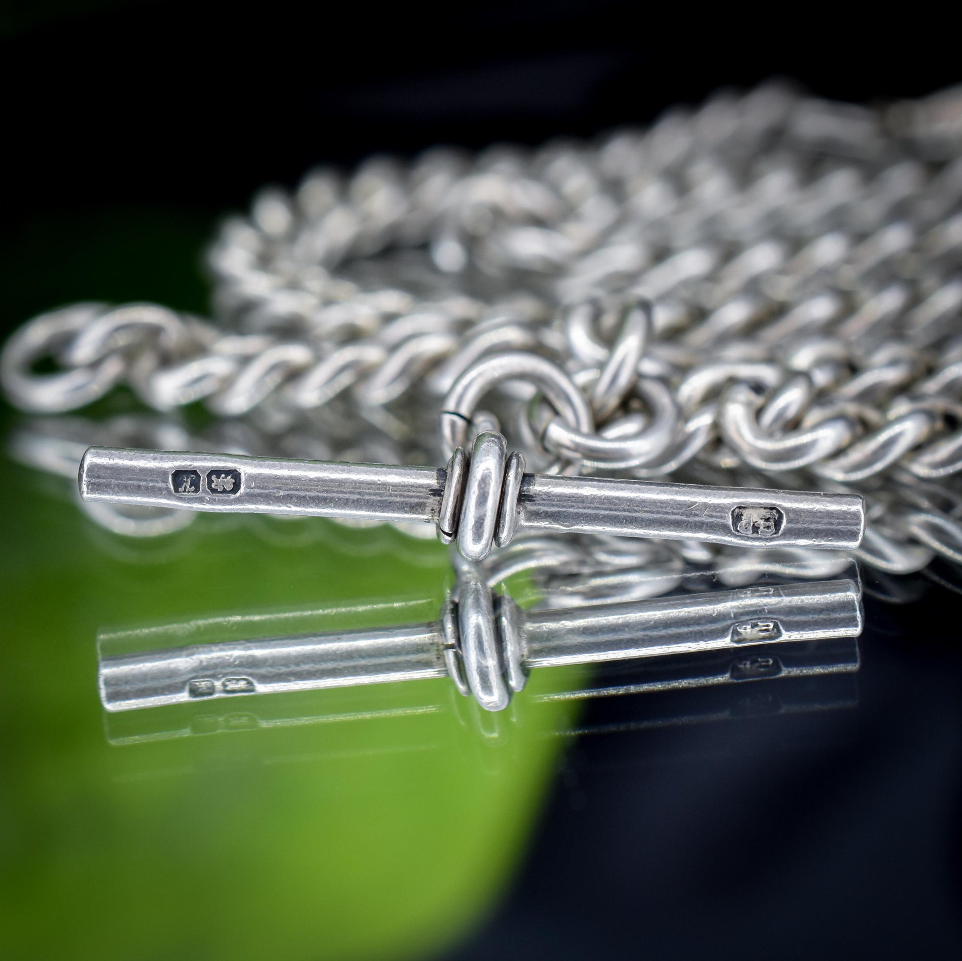 Antique Chester '1910' Sterling Silver Albert Chain Necklace with T-Bar and Dog Clips – 16.25"