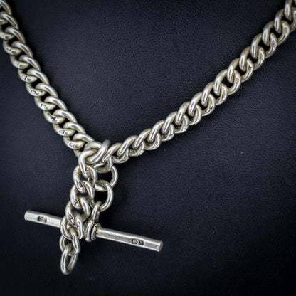 Antique Chester '1910' Sterling Silver Albert Chain Necklace with T-Bar and Dog Clips – 16.25"