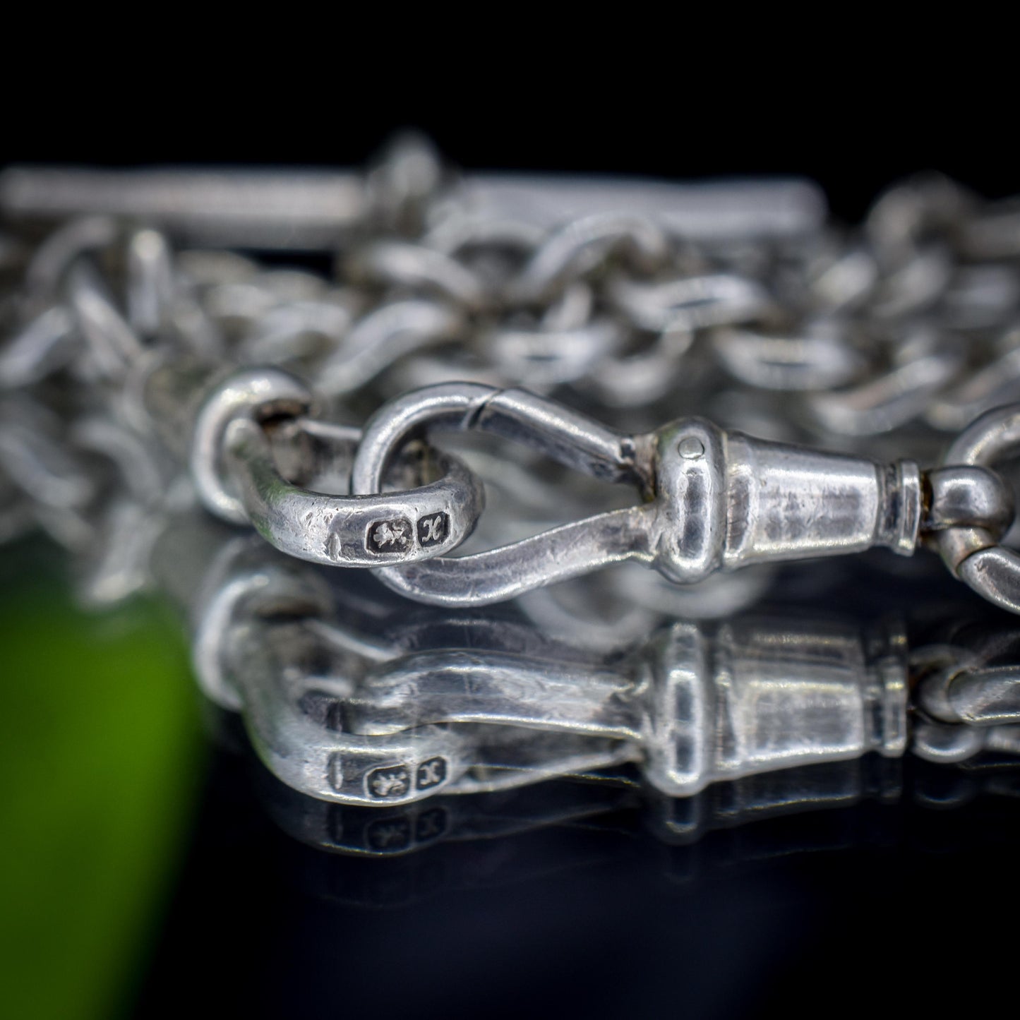 Antique Chester '1910' Sterling Silver Albert Chain Necklace with T-Bar and Dog Clips – 16.25"