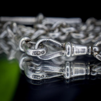 Antique Chester '1910' Sterling Silver Albert Chain Necklace with T-Bar and Dog Clips – 16.25"