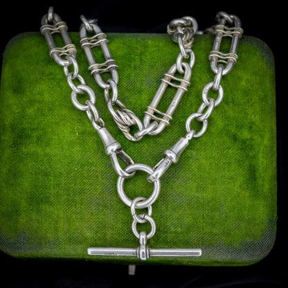 Antique Sterling Silver Trombone and Love Knot Albert Chain | 15"