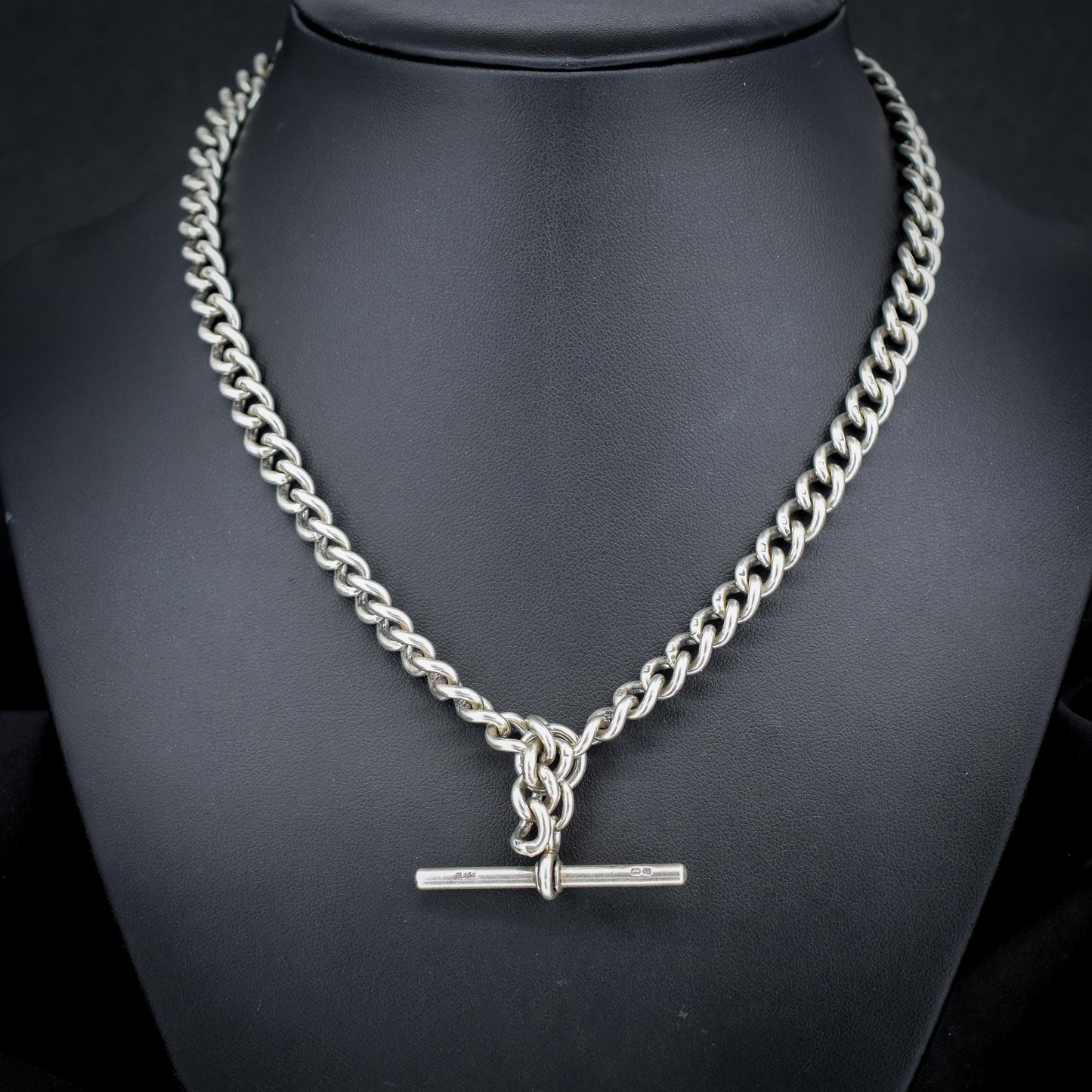 Antique Sterling Silver Curb Link Albert Watch Chain Necklace with T-Bar and Dog Clips – 17.5"