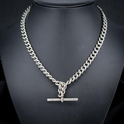 Antique Sterling Silver Curb Link Albert Watch Chain Necklace with T-Bar and Dog Clips – 17.5"