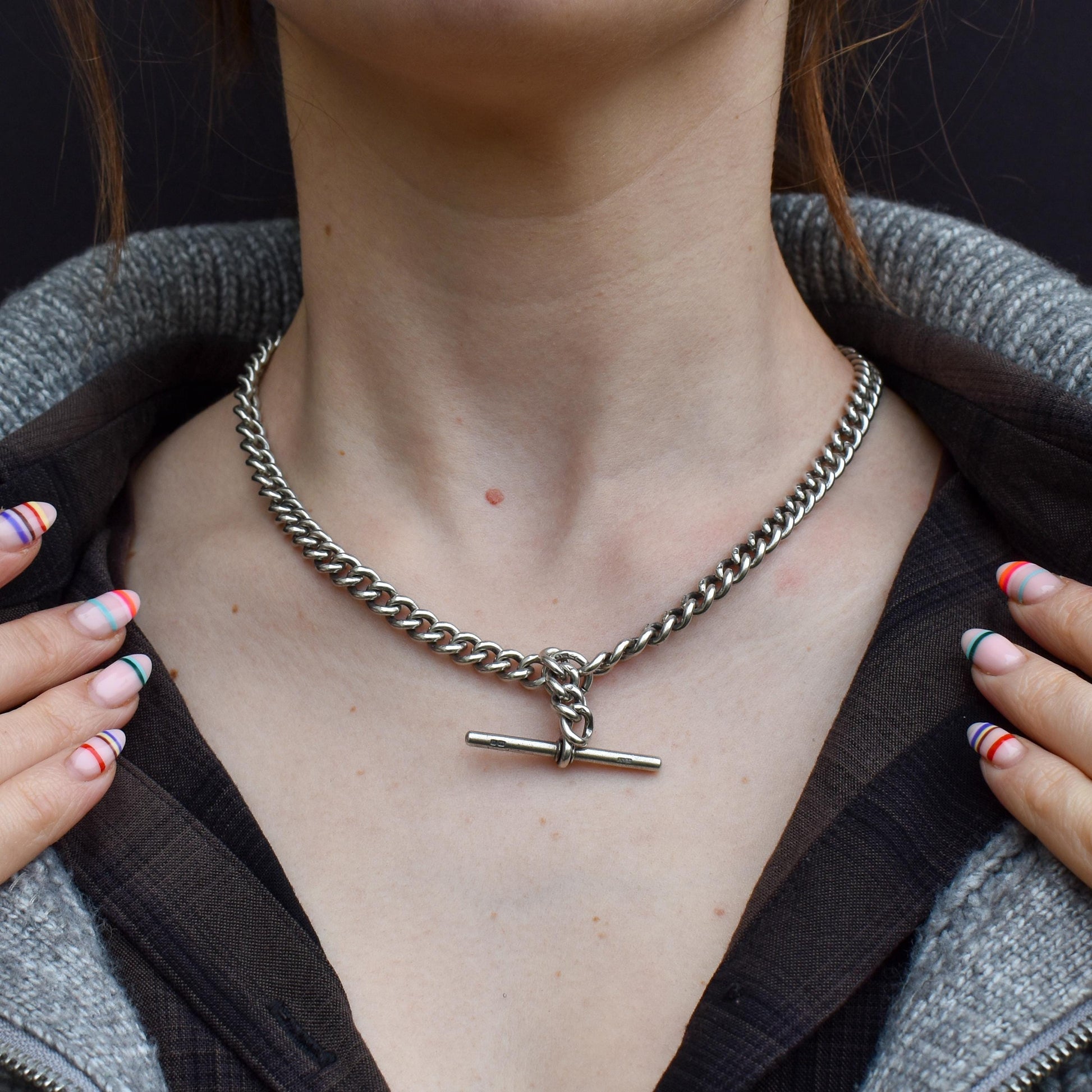 Antique Sterling Silver Curb Link Albert Watch Chain Necklace with T-Bar and Dog Clips – 17.5"