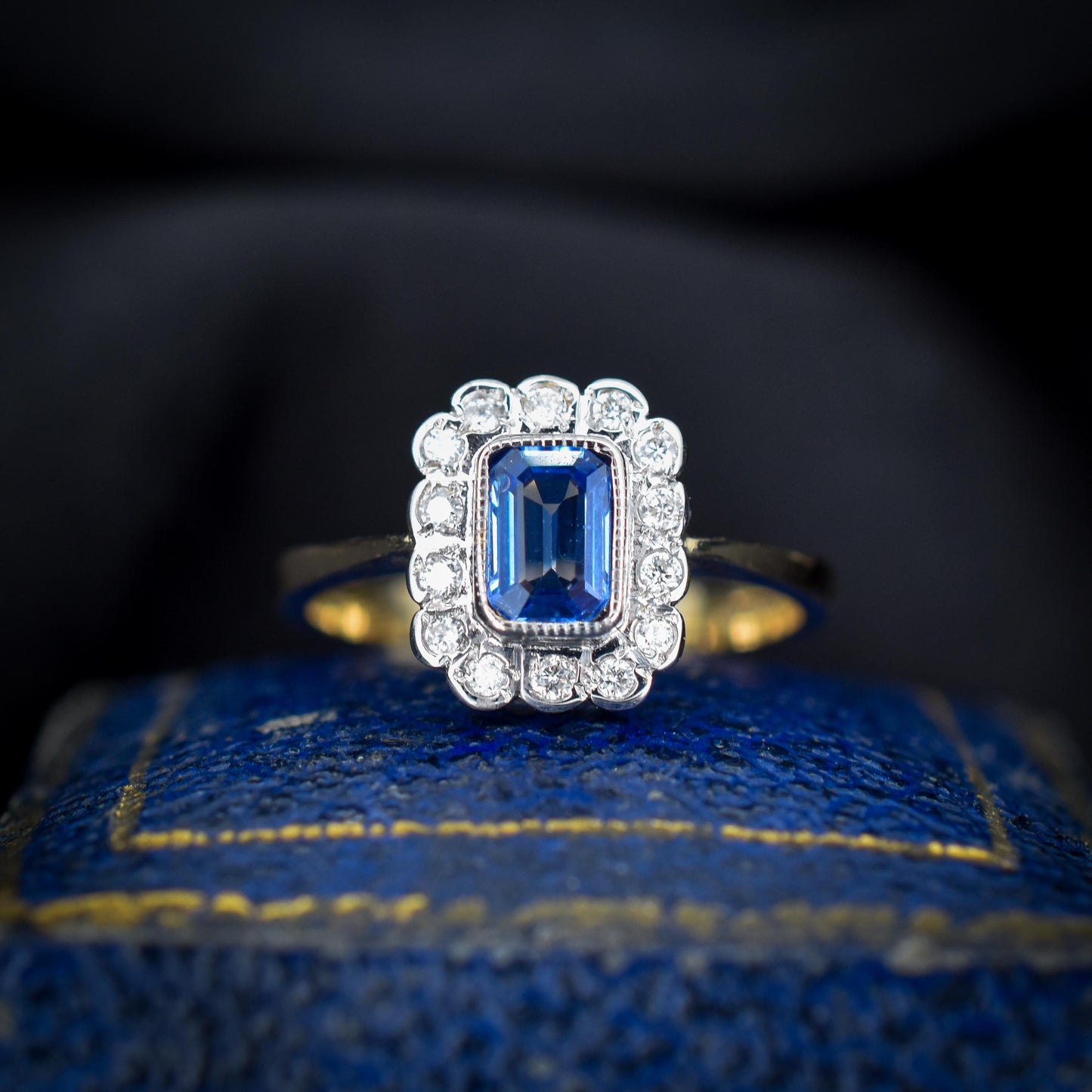Blue Sapphire and Diamond Panel Rectangle Halo 9ct Yellow Gold Ring