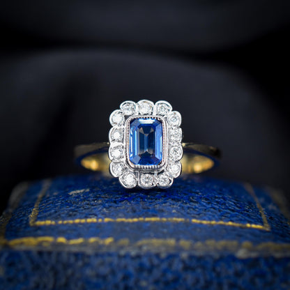 Blue Sapphire and Diamond Panel Rectangle Halo 9ct Yellow Gold Ring