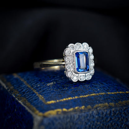 Blue Sapphire and Diamond Panel Rectangle Halo 9ct Yellow Gold Ring