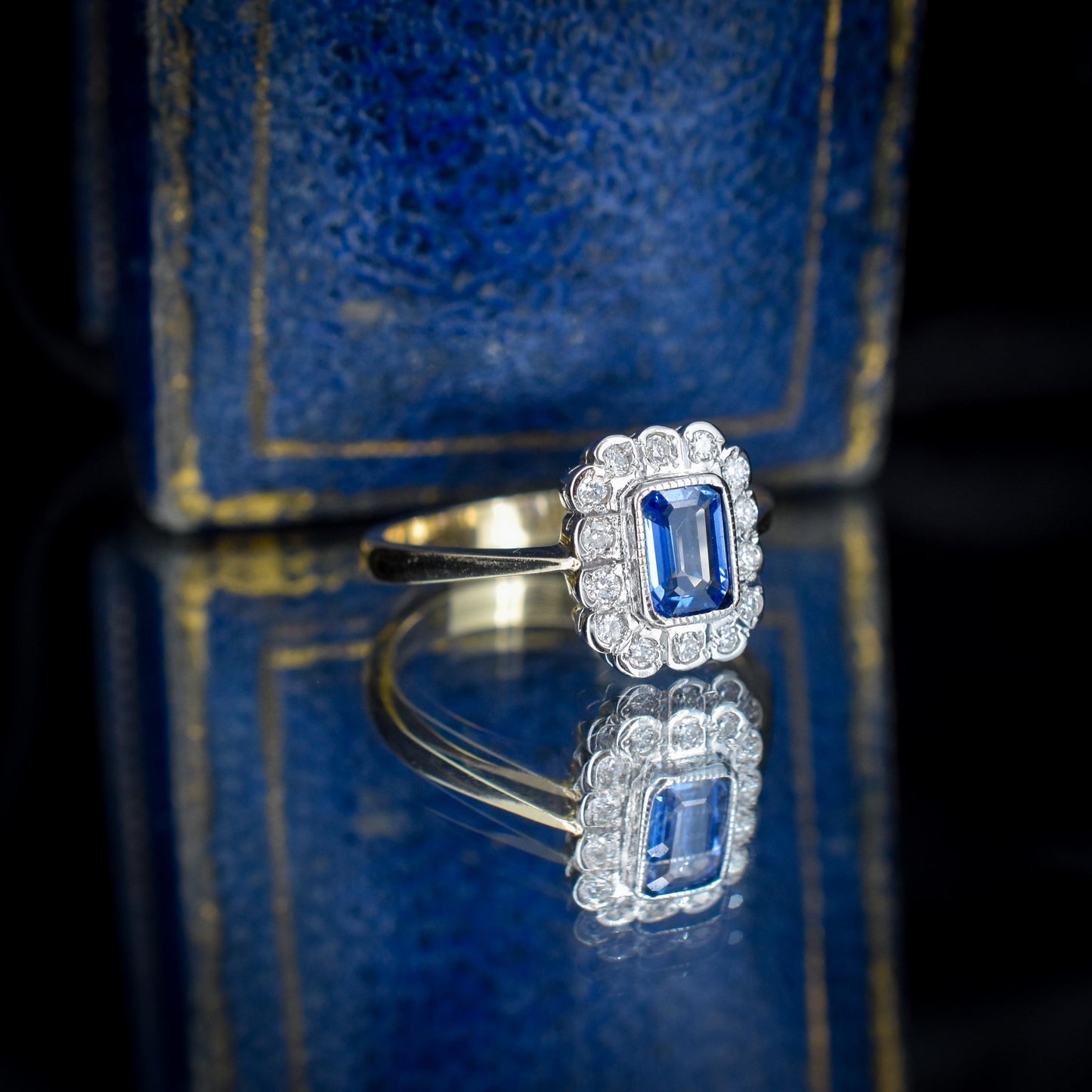Blue Sapphire and Diamond Panel Rectangle Halo 9ct Yellow Gold Ring