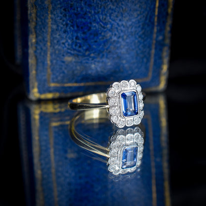 Blue Sapphire and Diamond Panel Rectangle Halo 9ct Yellow Gold Ring