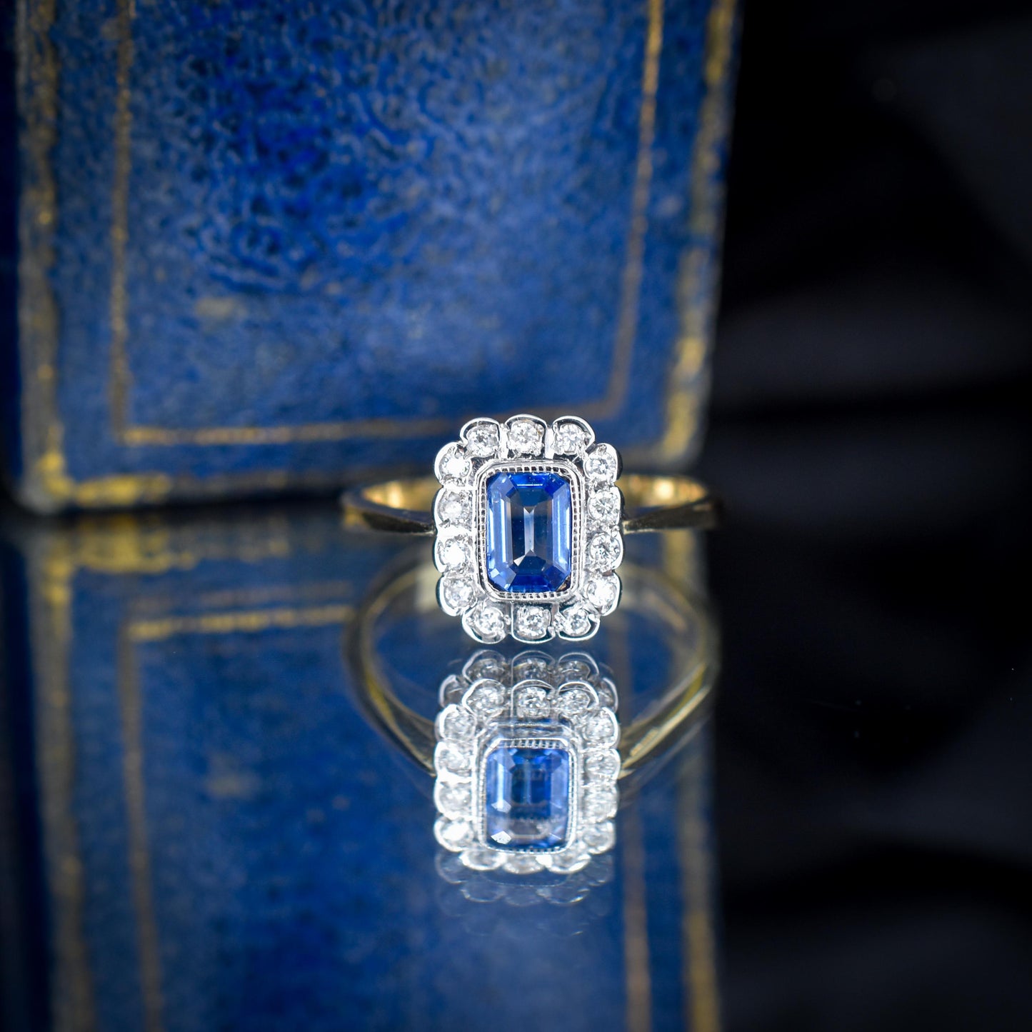 Blue Sapphire and Diamond Panel Rectangle Halo 9ct Yellow Gold Ring