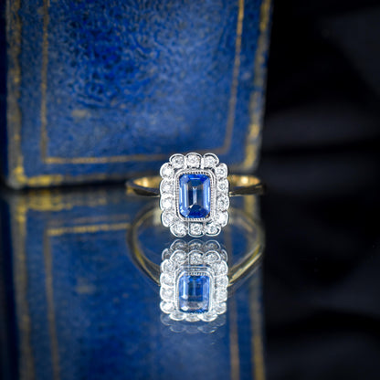 Blue Sapphire and Diamond Panel Rectangle Halo 9ct Yellow Gold Ring