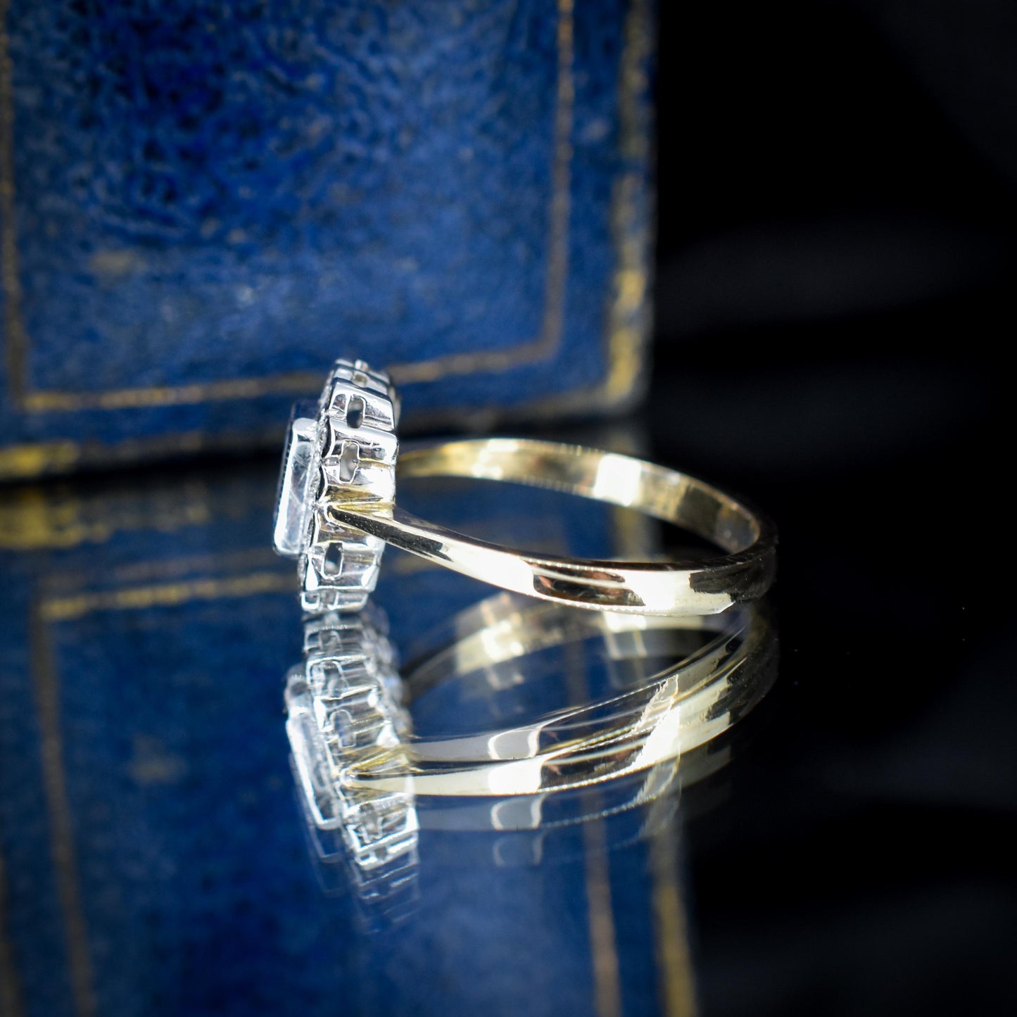 Blue Sapphire and Diamond Panel Rectangle Halo 9ct Yellow Gold Ring