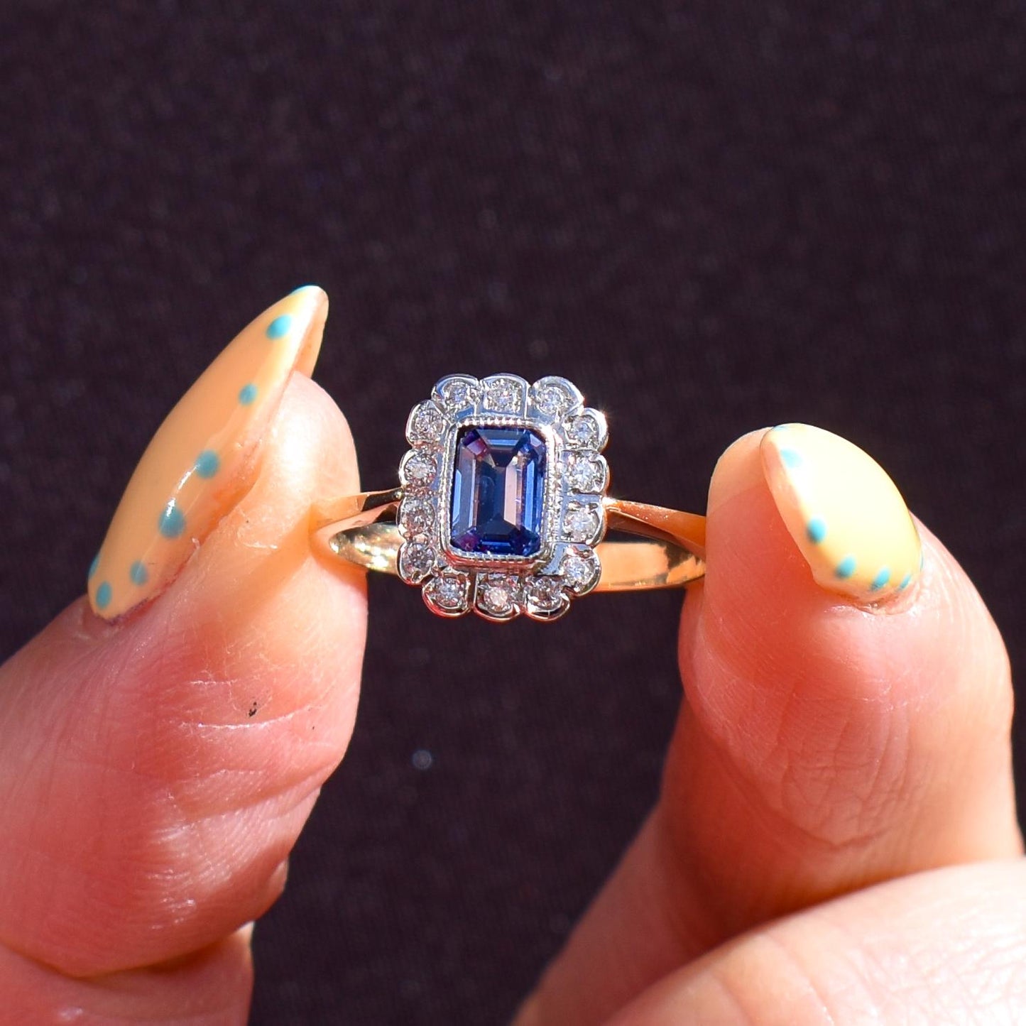 Blue Sapphire and Diamond Panel Rectangle Halo 9ct Yellow Gold Ring