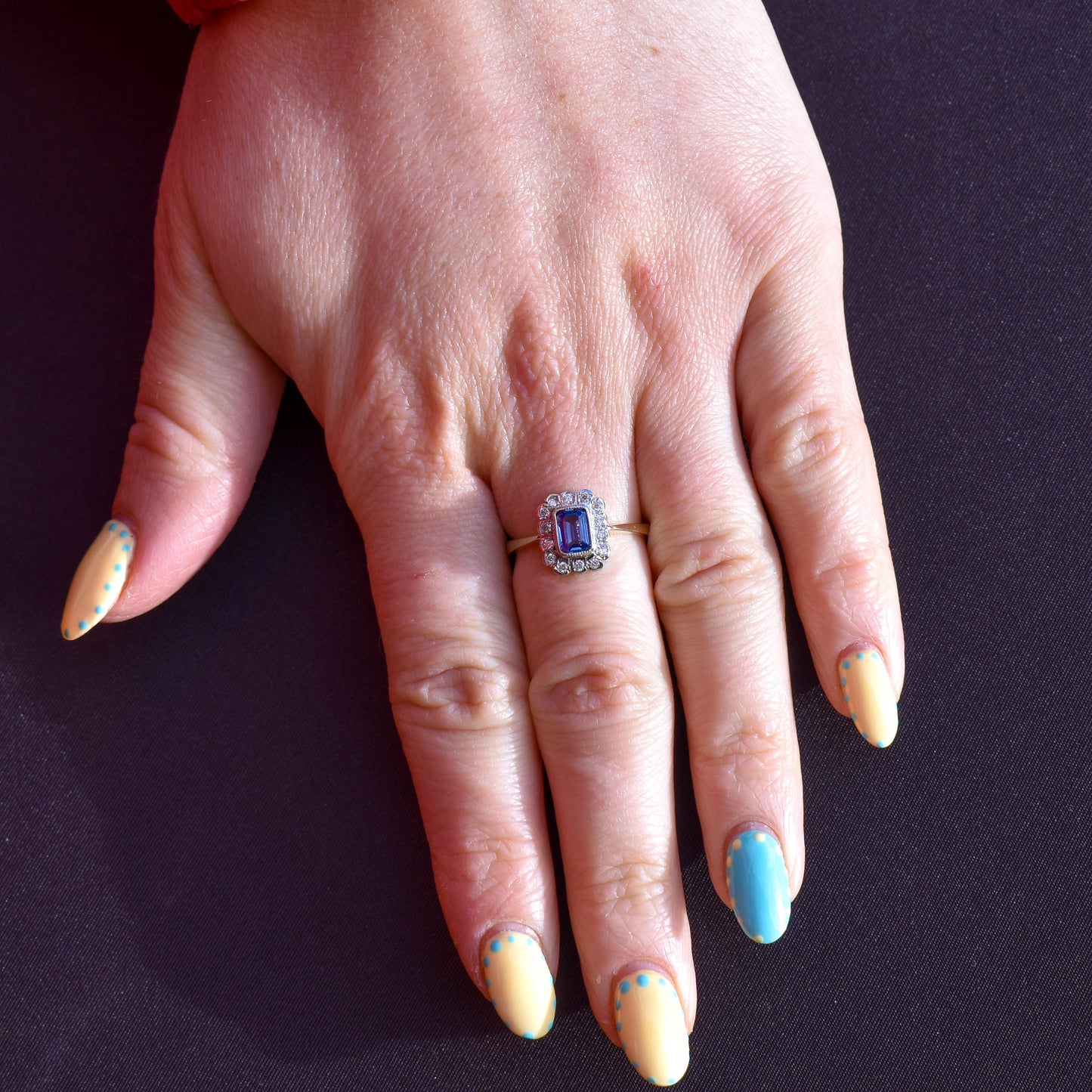 Blue Sapphire and Diamond Panel Rectangle Halo 9ct Yellow Gold Ring