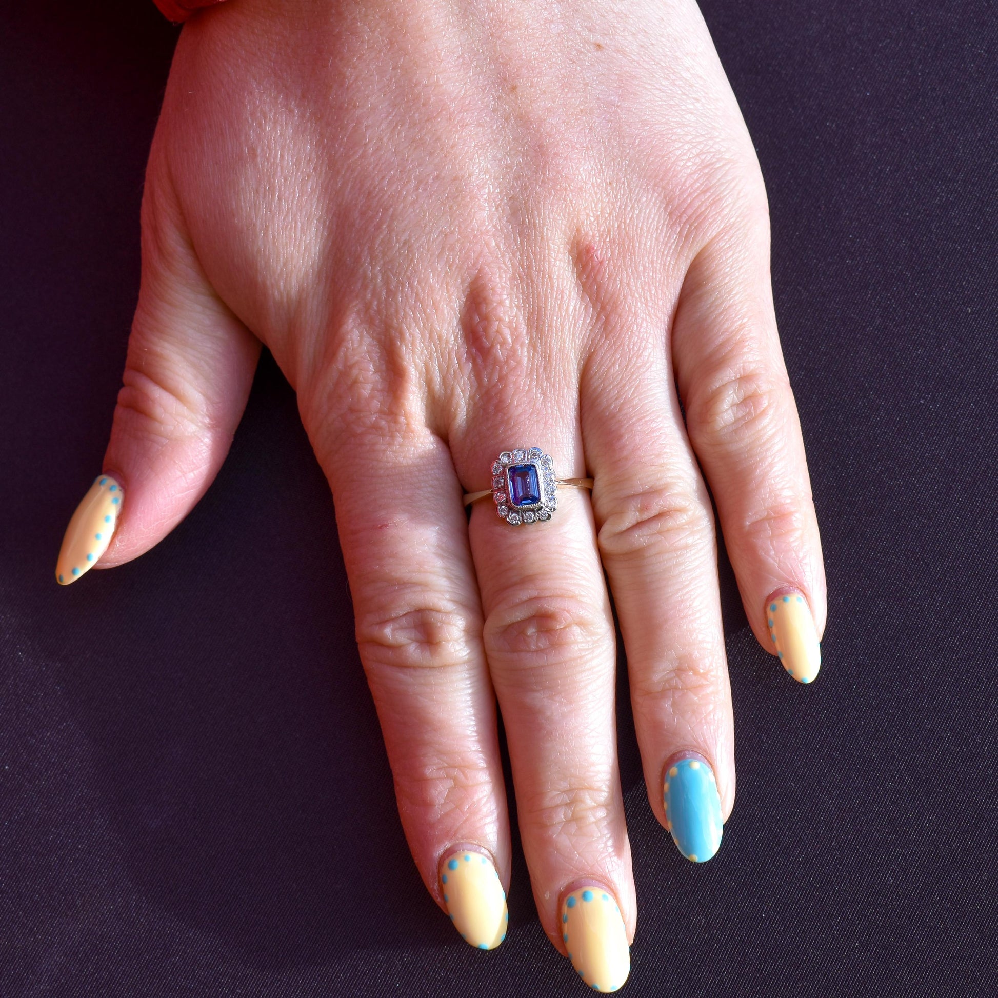 Blue Sapphire and Diamond Panel Rectangle Halo 9ct Yellow Gold Ring