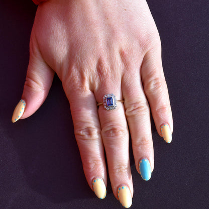 Blue Sapphire and Diamond Panel Rectangle Halo 9ct Yellow Gold Ring