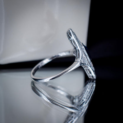 Art Deco Blue Sapphire and Diamond Navette Platinum Ring