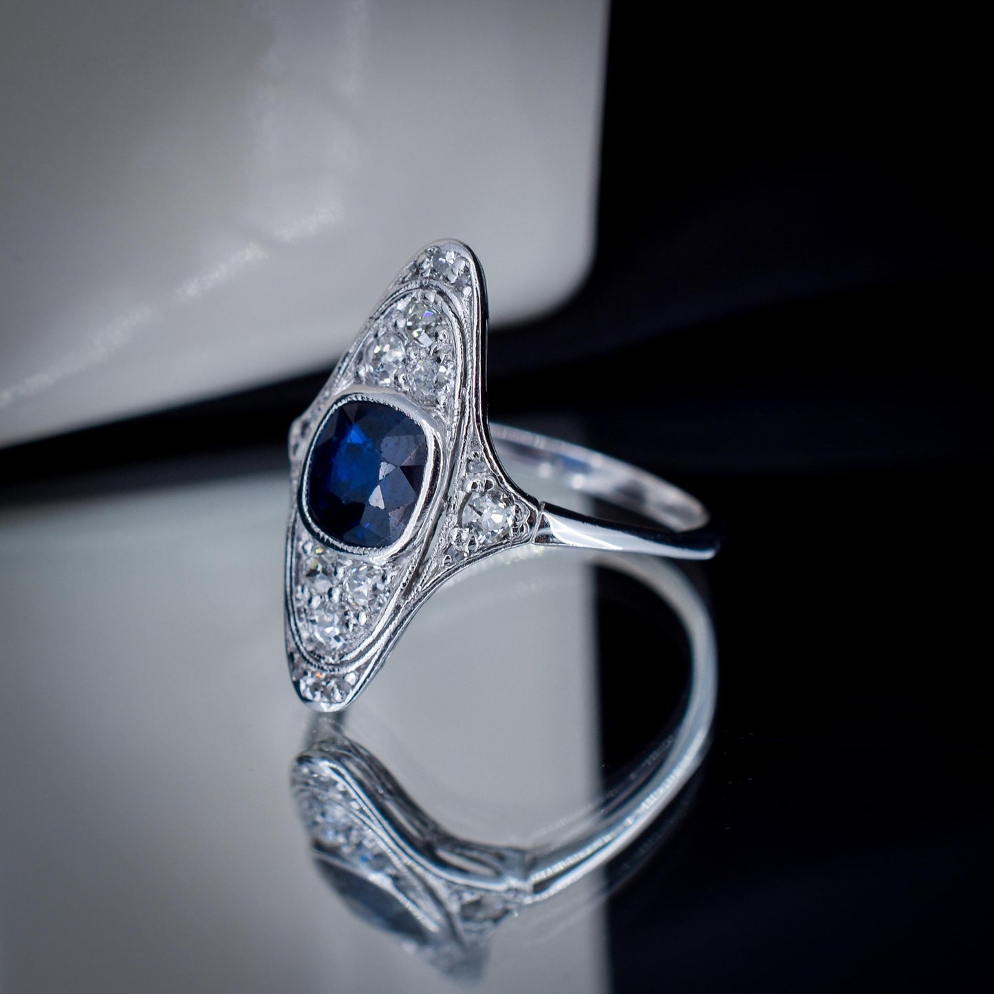 Art Deco Blue Sapphire and Diamond Navette Platinum Ring