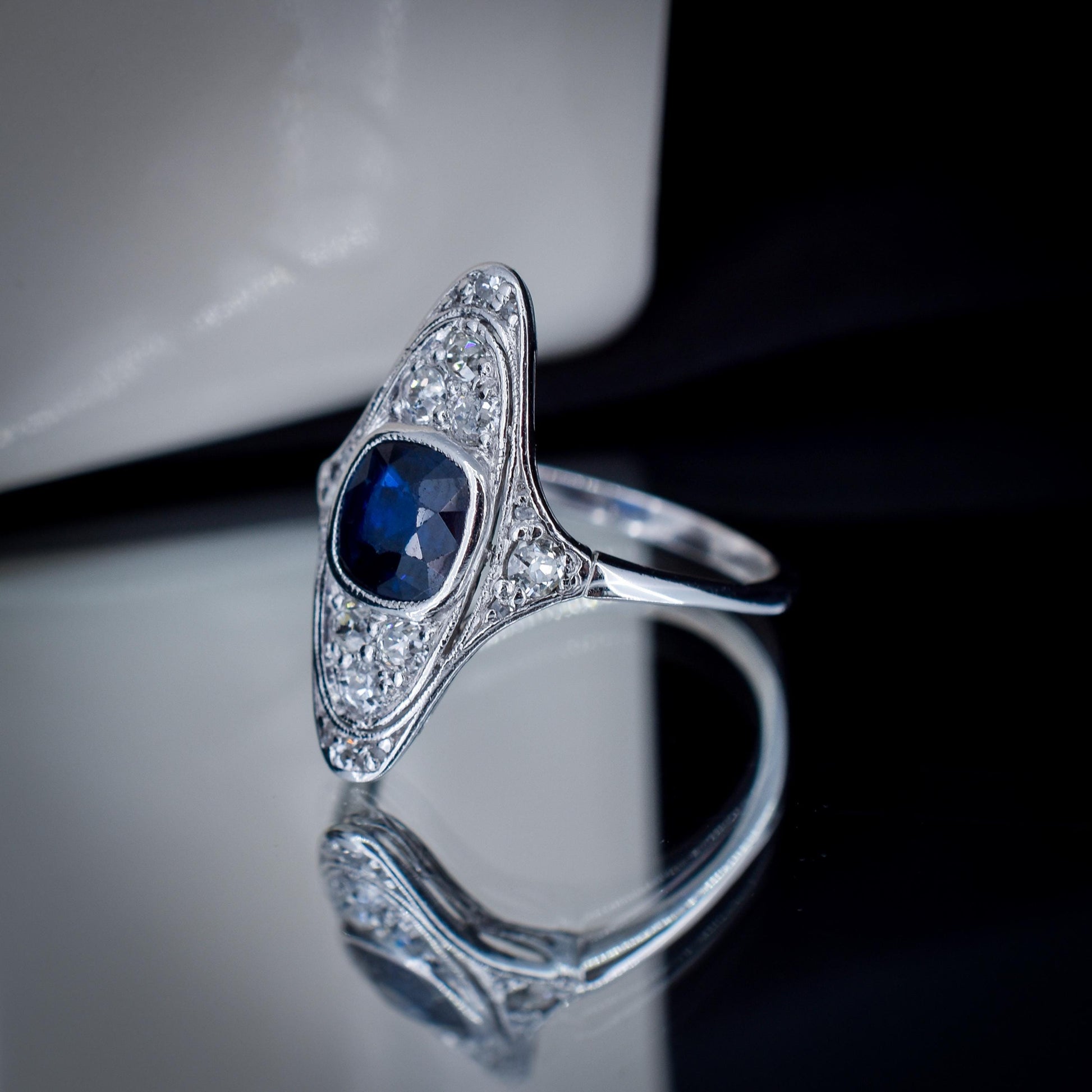 Art Deco Blue Sapphire and Diamond Navette Platinum Ring