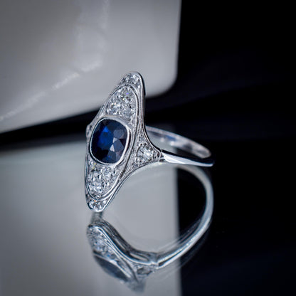 Art Deco Blue Sapphire and Diamond Navette Platinum Ring