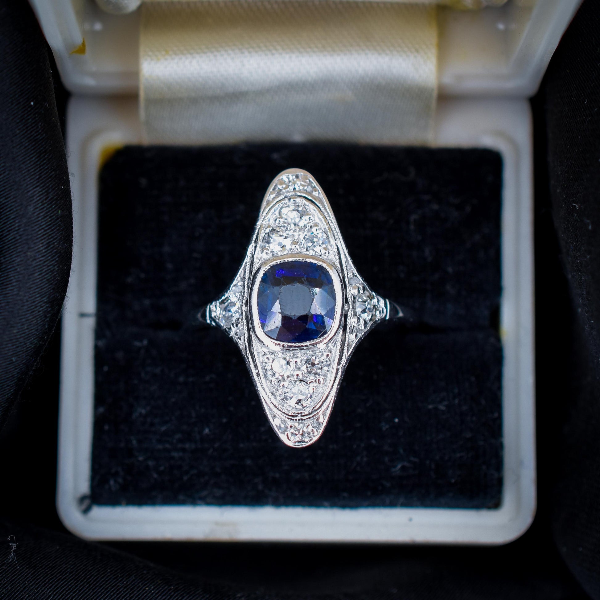 Art Deco Blue Sapphire and Diamond Navette Platinum Ring